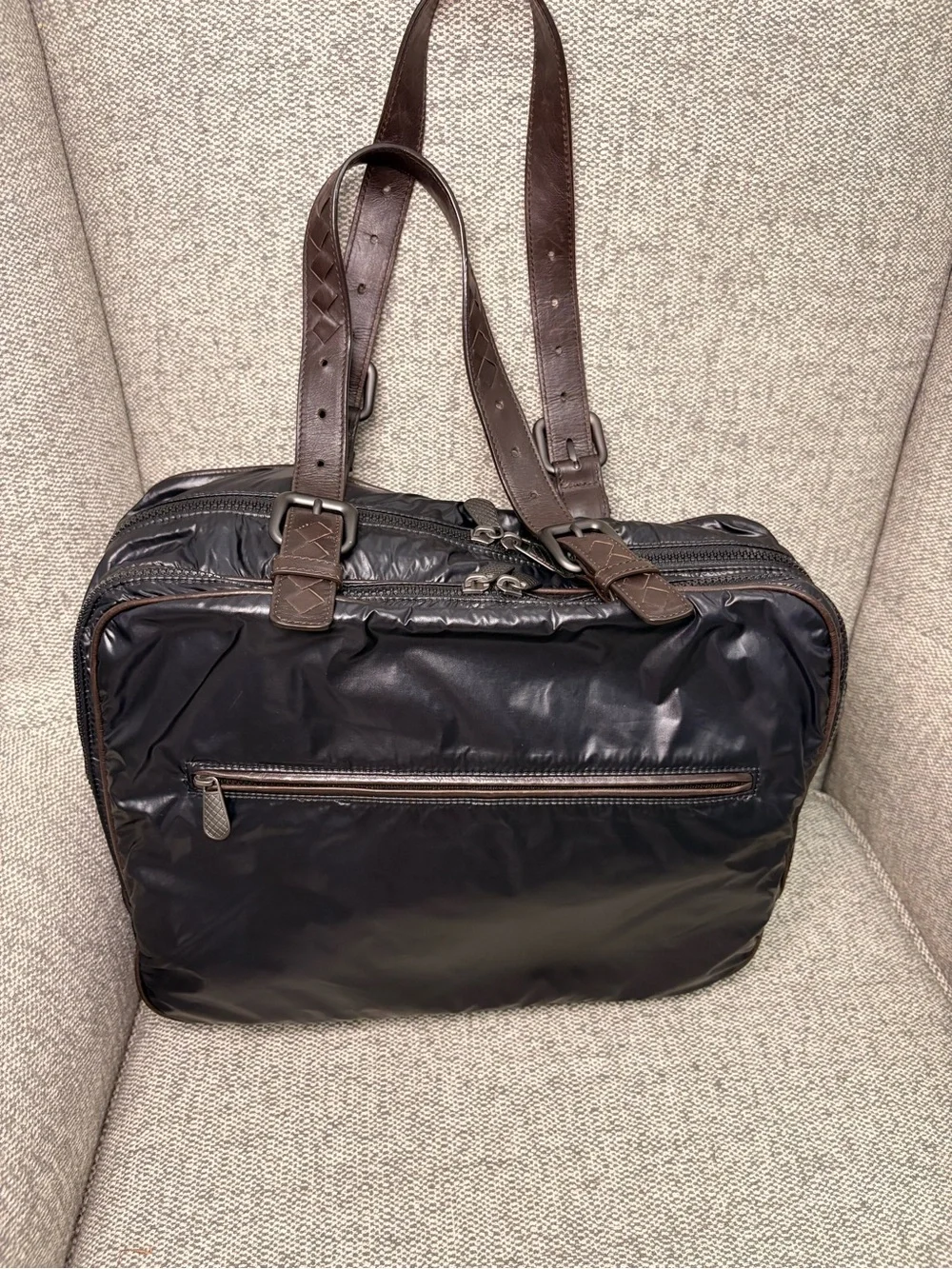 Bottega Veneta Unisex Black Nylon Briefcase Tote with Brown Leather Straps